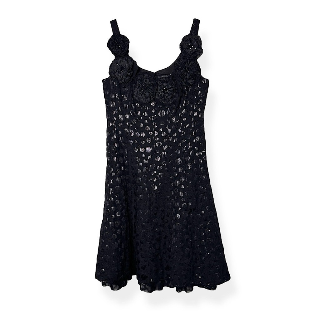 3/$20 💥 WD.NY A-Line Mini Dress Sz 10 Black Polka‎ Dot Floral Embellished Neck